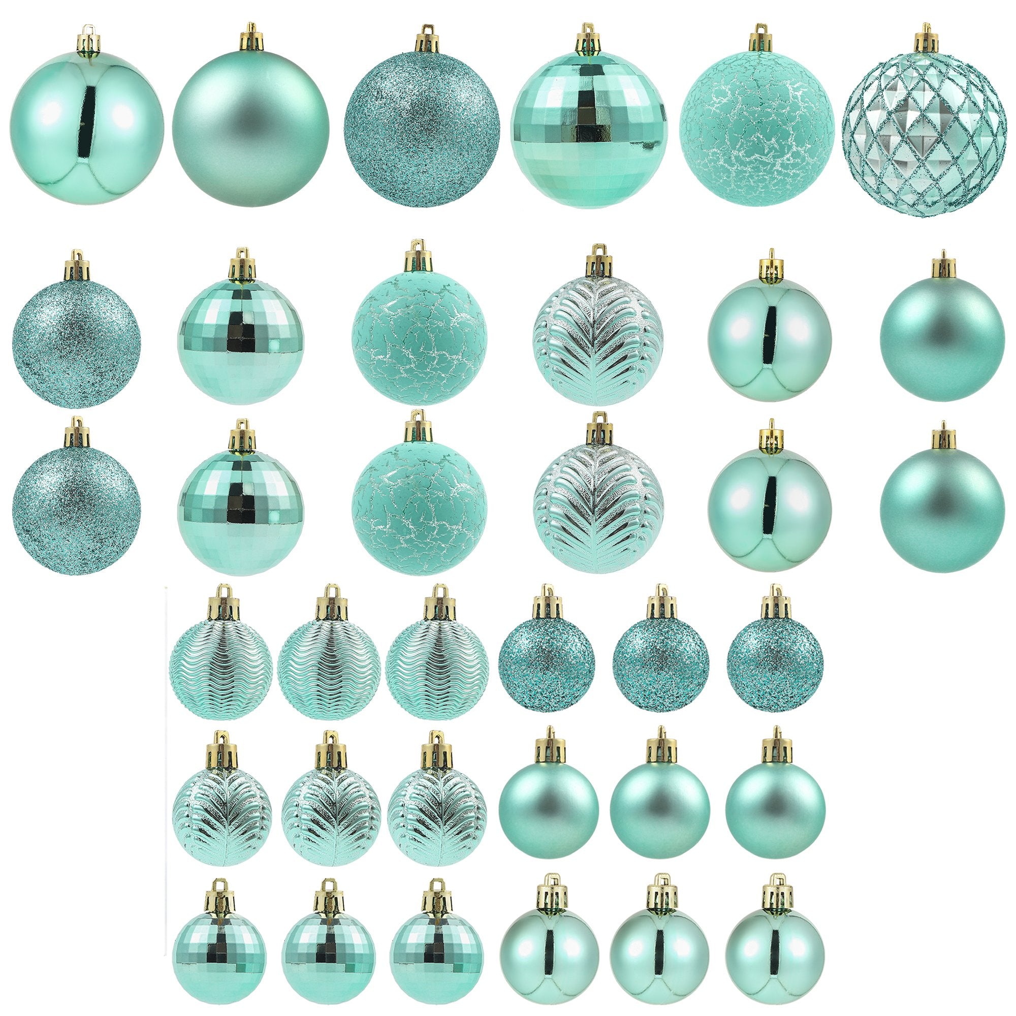 Collection of 36 teal Christmas ball ornaments in various styles and sizes, displayed on a white background.