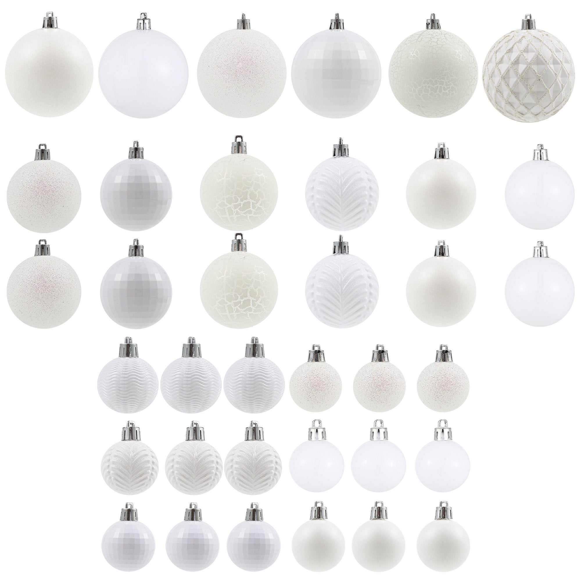 Collection of white Christmas ball ornaments in various sizes and textures, displayed on a white background.