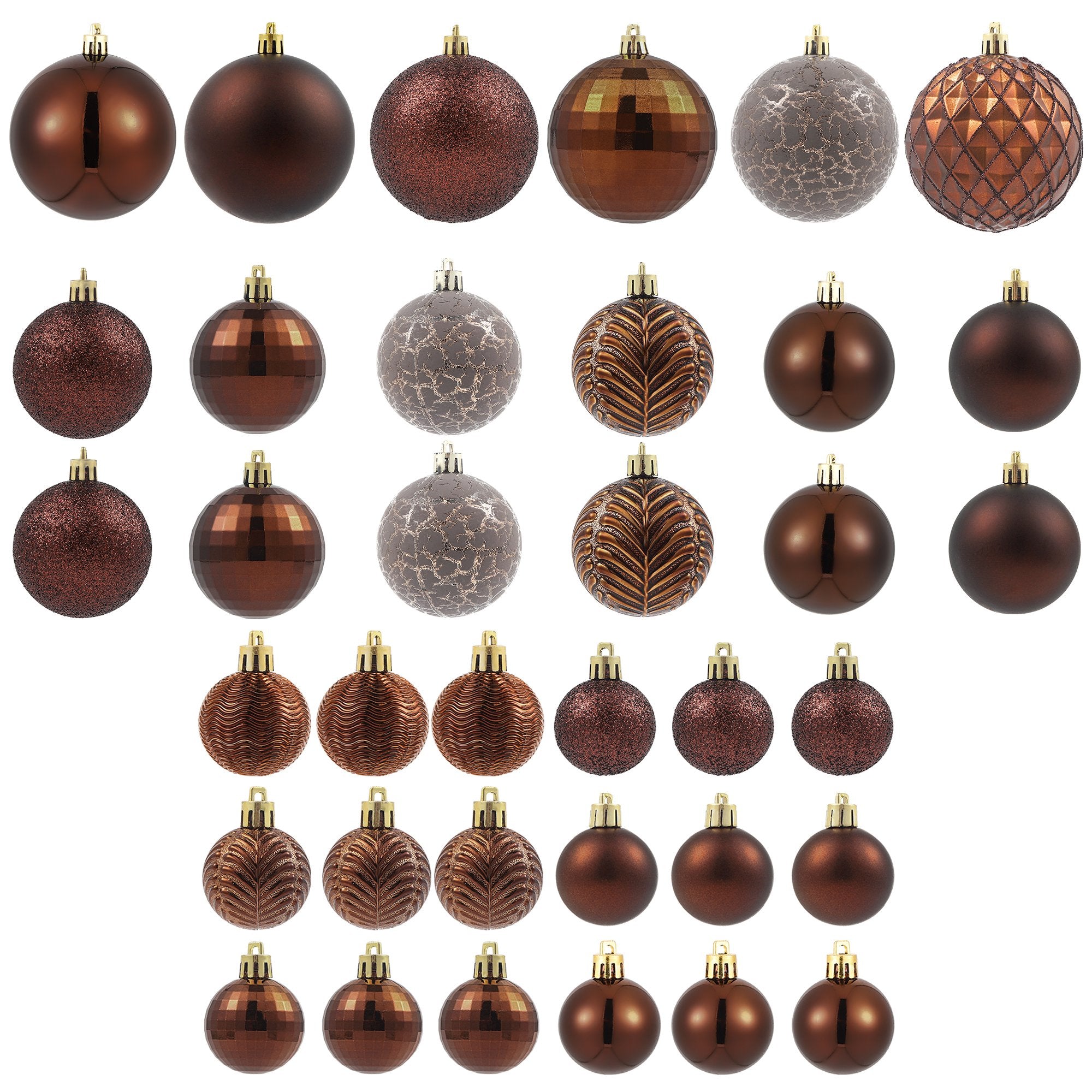 Collection of 36 copper orange Christmas ball ornaments in various sizes and styles, displayed on a white background.