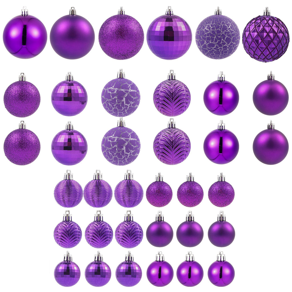 Assortment of 36 purple Christmas ball ornaments in various sizes and styles, displayed on a white background.