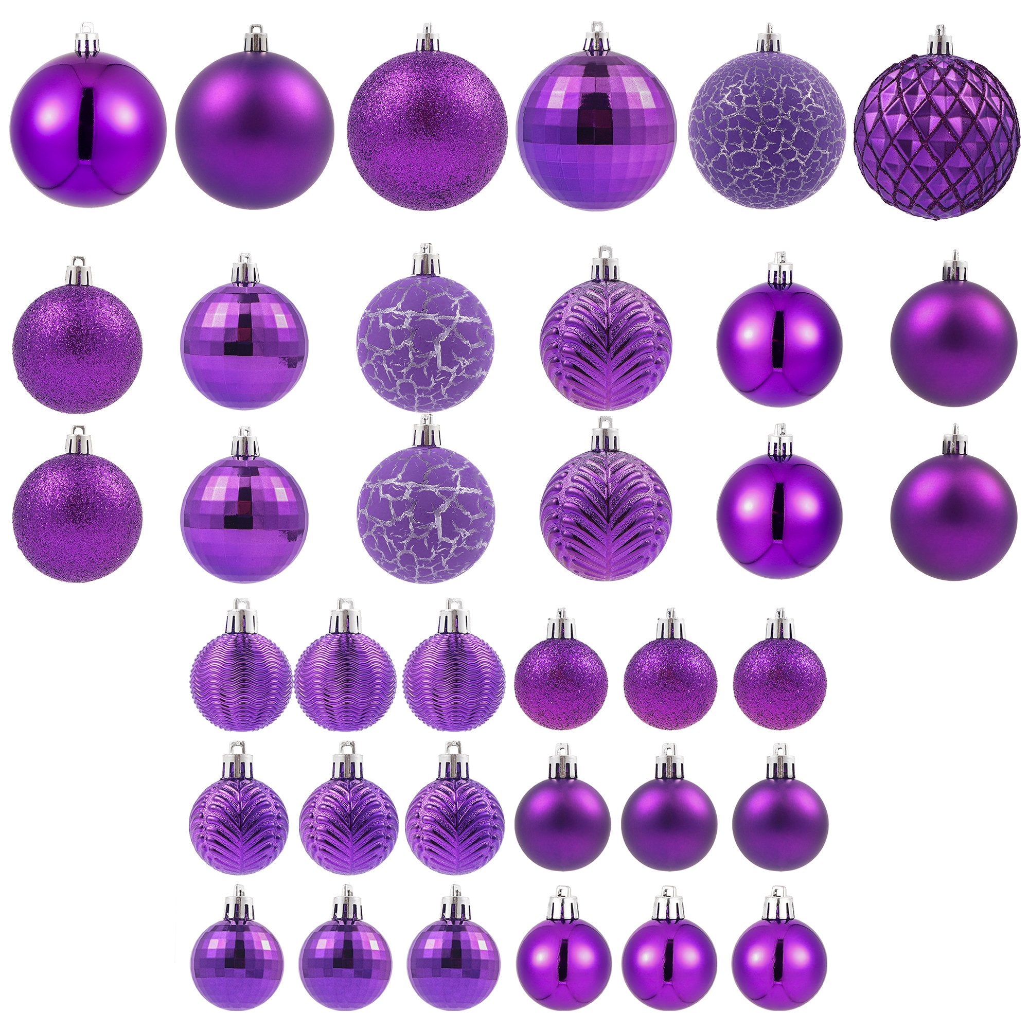 Assortment of 36 purple Christmas ball ornaments in various sizes and styles, displayed on a white background.