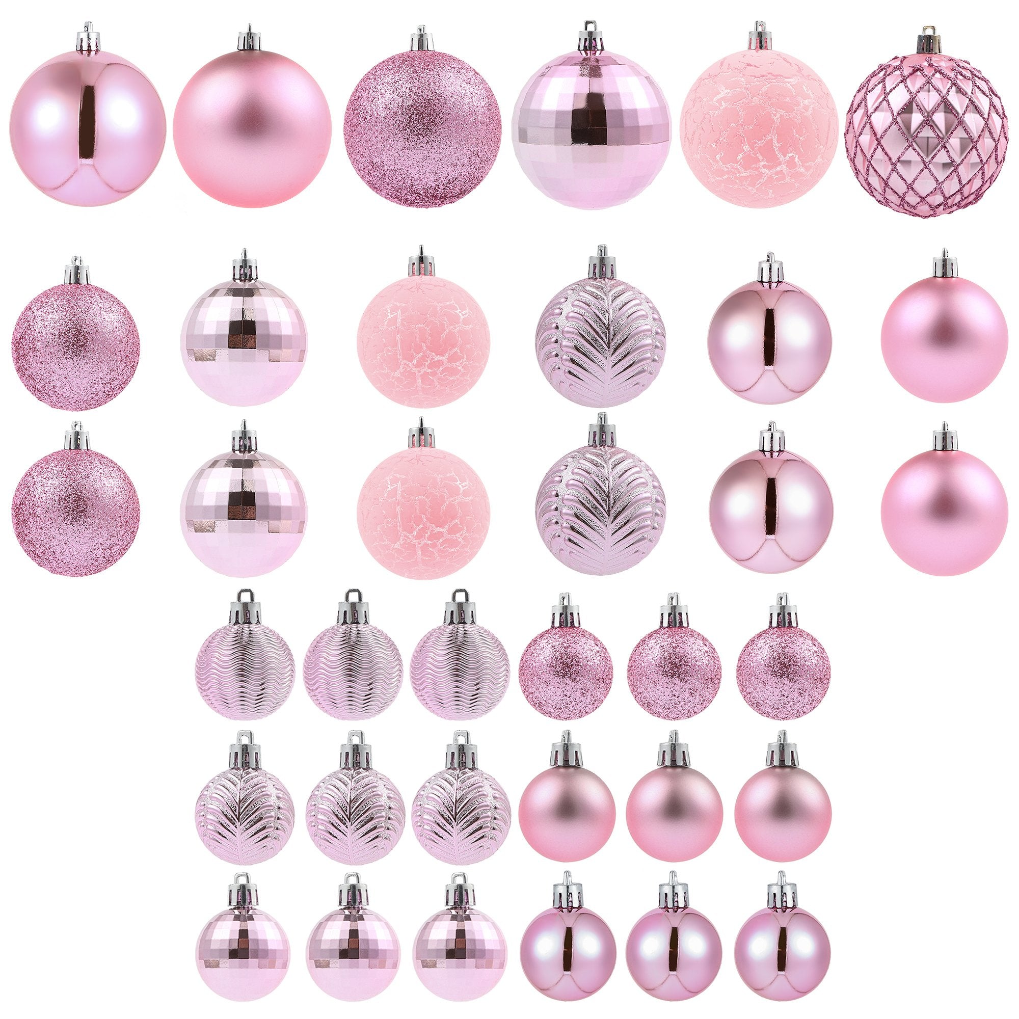 Collection of pink Christmas ball ornaments in various sizes and styles, displayed on a white background.