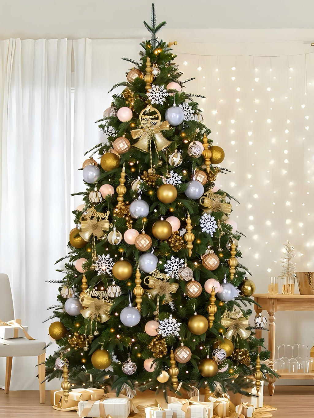 Decorated Christmas tree with gold, silver, and pink ornaments, snowflakes, bows, and lights.