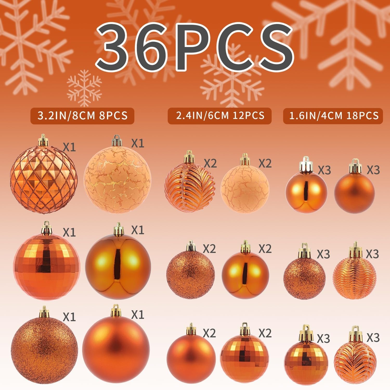Set of 36 copper orange Christmas ball ornaments in three sizes and 18 styles, displayed in rows with quantity labels.