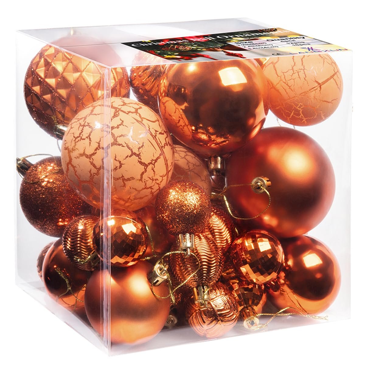 Box of 36 copper orange Christmas ball ornaments in various sizes and styles, including glitter, textured, and faceted finishes.