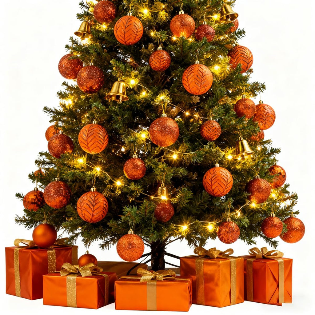 Decorated Christmas tree with copper orange ball ornaments and gold bells, surrounded by wrapped gifts.