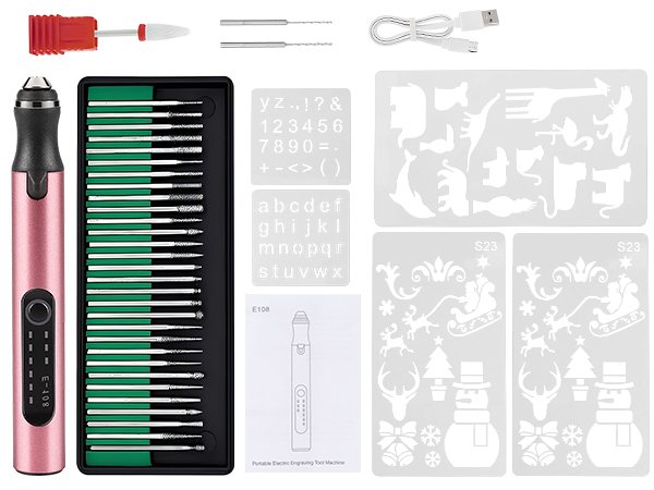 Cordless electric engraving tool kit with various bits, stencils, and USB charging cable.