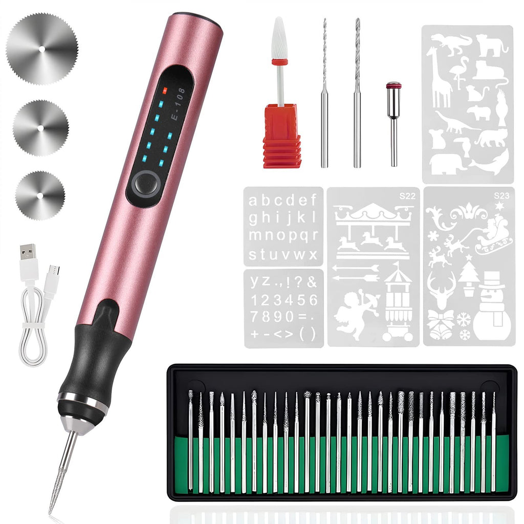 Rose gold electric engraving pen with USB cable, cutting discs, drill bits, and stencils for carving.