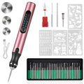 Rose gold electric engraving pen with USB cable, cutting discs, drill bits, and stencils for carving.