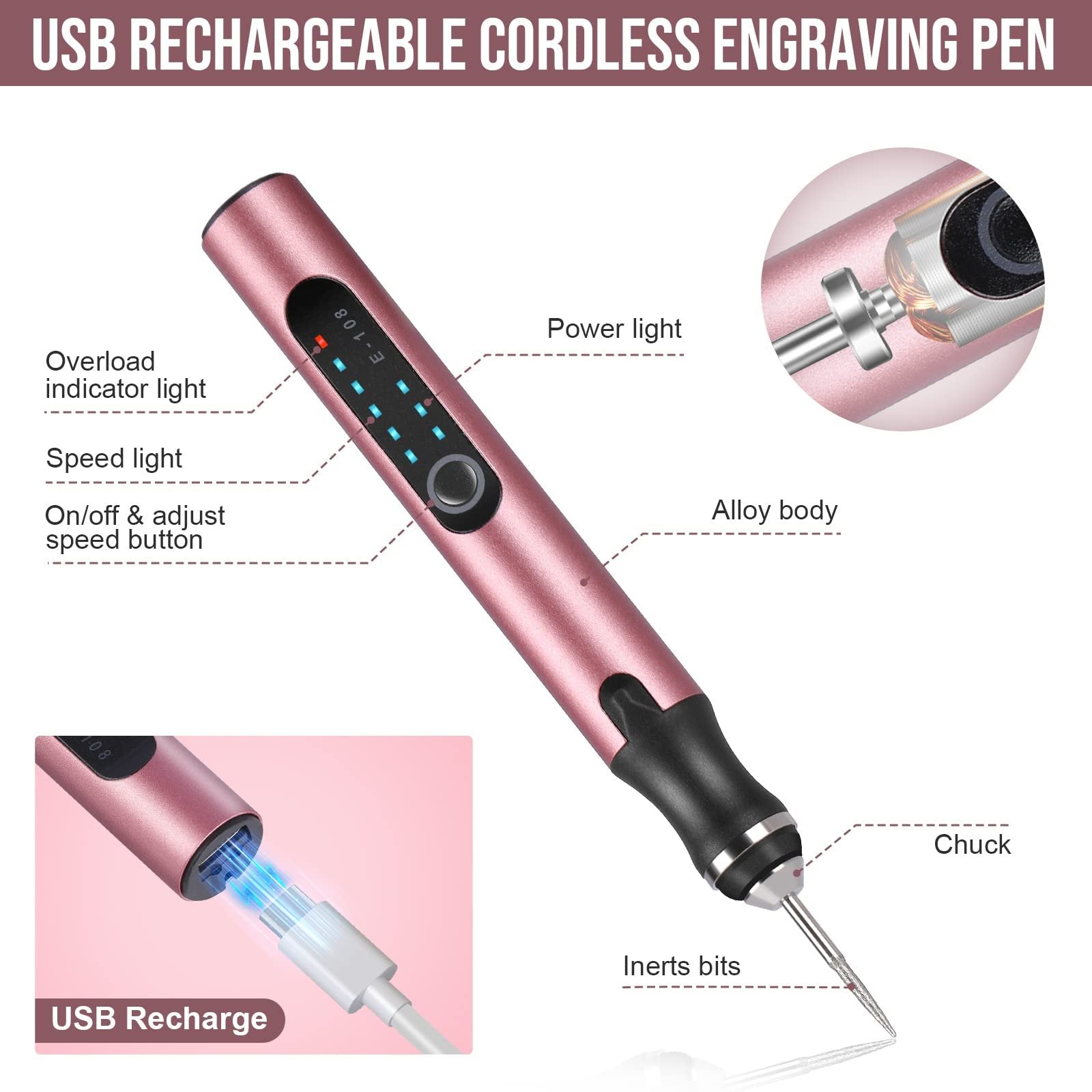 Rose gold USB rechargeable cordless engraving pen with labels pointing to features like power light, speed light, and USB recharge.