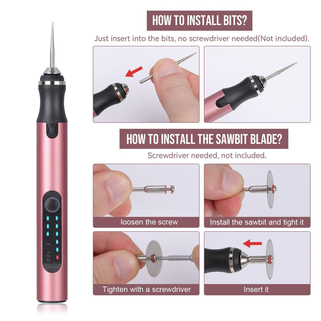 Rose gold electric engraving pen with instructions on how to install bits and sawbit blade.