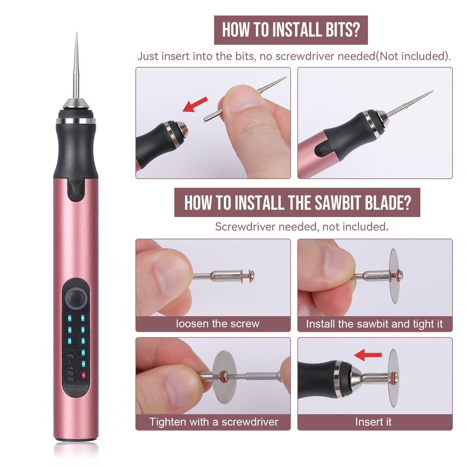 Rose gold electric engraving pen with instructions on how to install bits and sawbit blade.