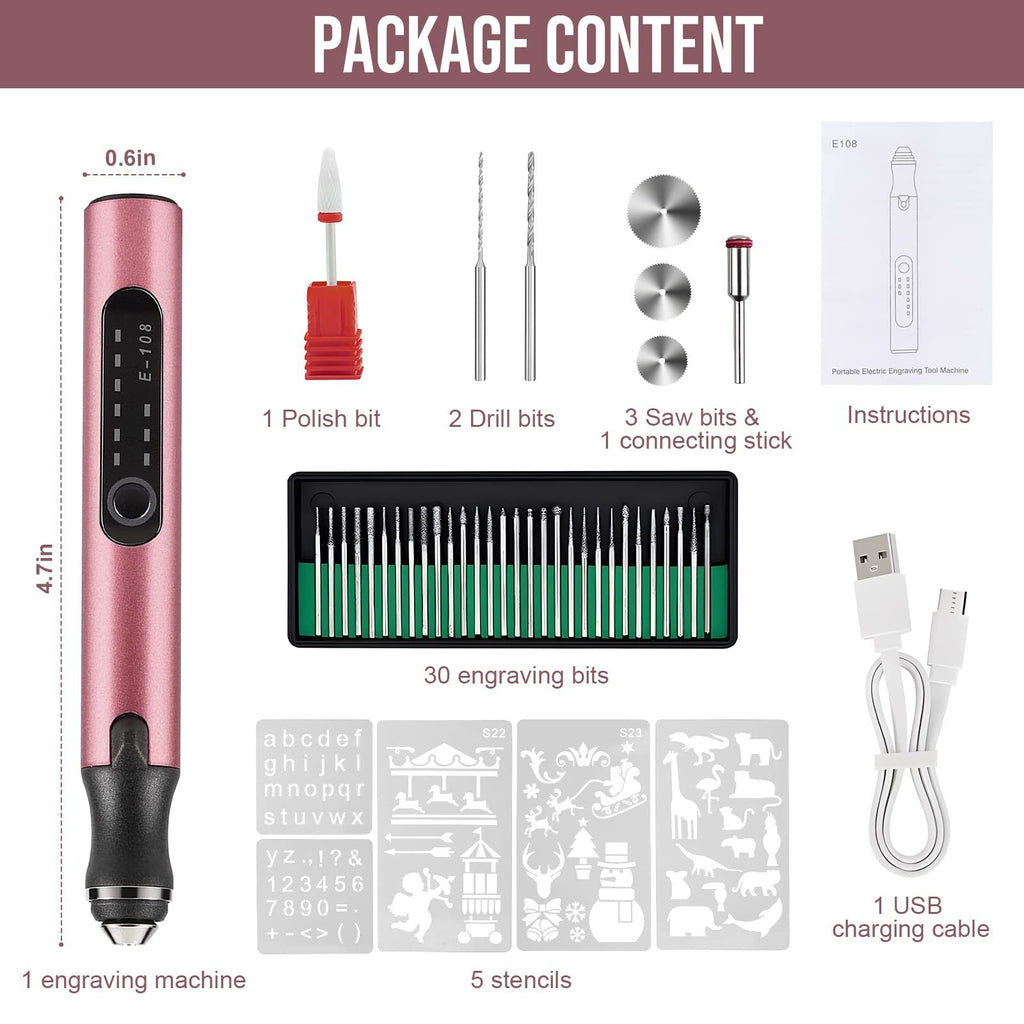 Package contents of a USB rechargeable electric engraving pen kit, showing the pen, bits, stencils, and charging cable.