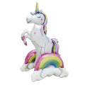 37-inch standing unicorn foil balloon with rainbow and clouds, white with colorful mane and tail