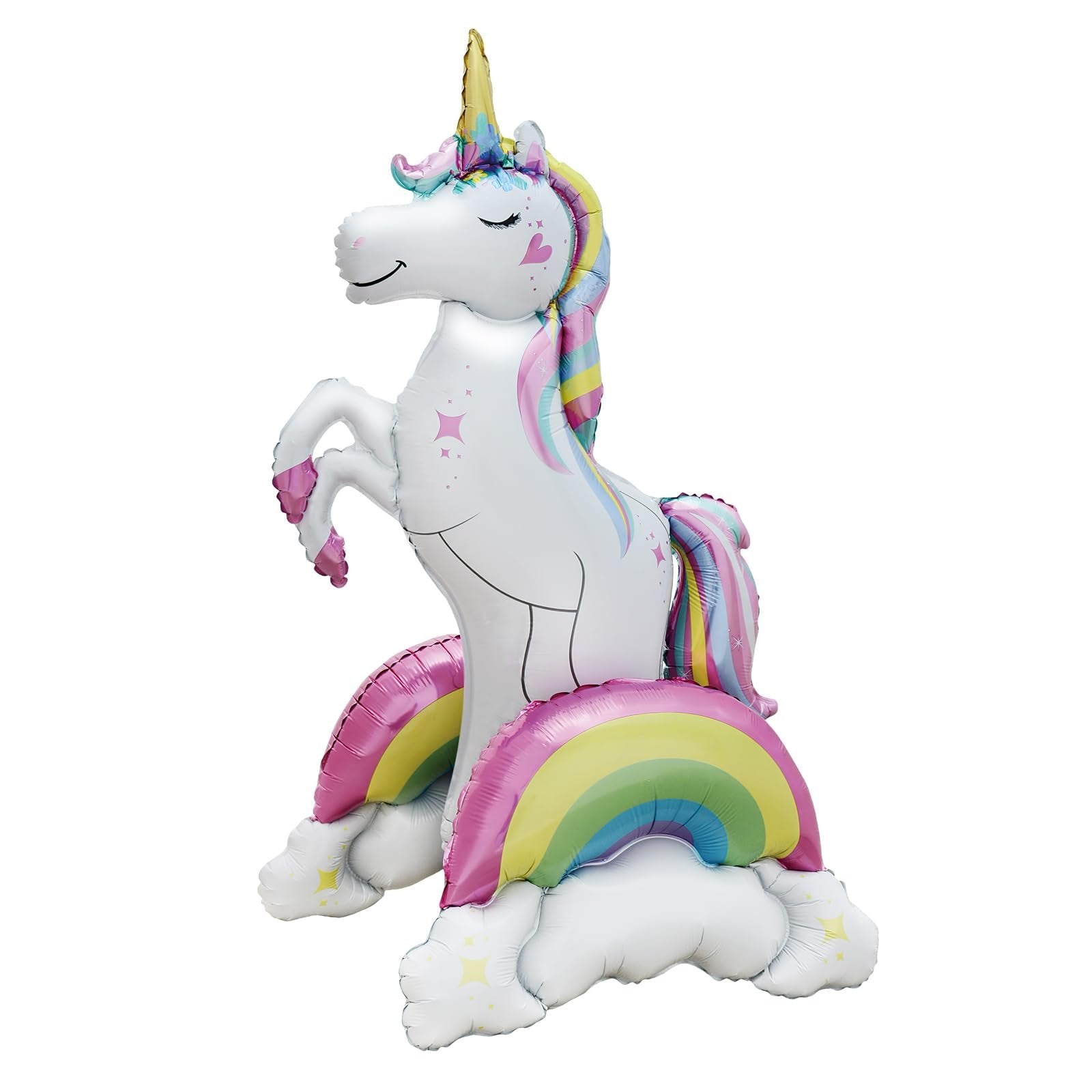 37-inch standing unicorn foil balloon with rainbow and clouds, white with colorful mane and tail