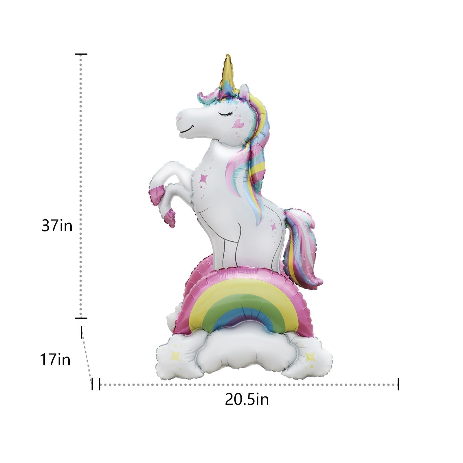 3D standing unicorn foil balloon on a rainbow and clouds, with size indicators 37in, 17in, and 20.5in.