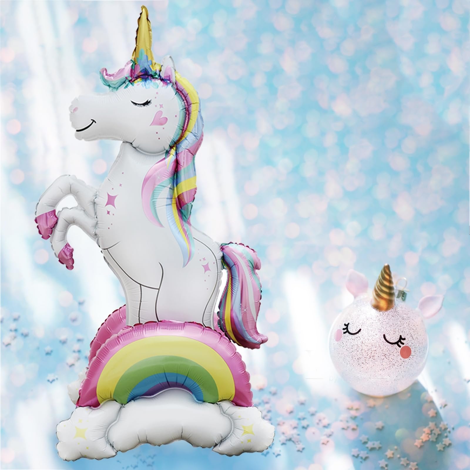 3D standing unicorn foil balloon with rainbow cloud base and small glitter unicorn ornament