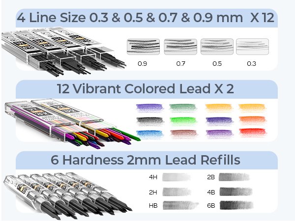 Mechanical pencil lead refills in various sizes, colors, and hardnesses, displayed in clear plastic cases with swatches.