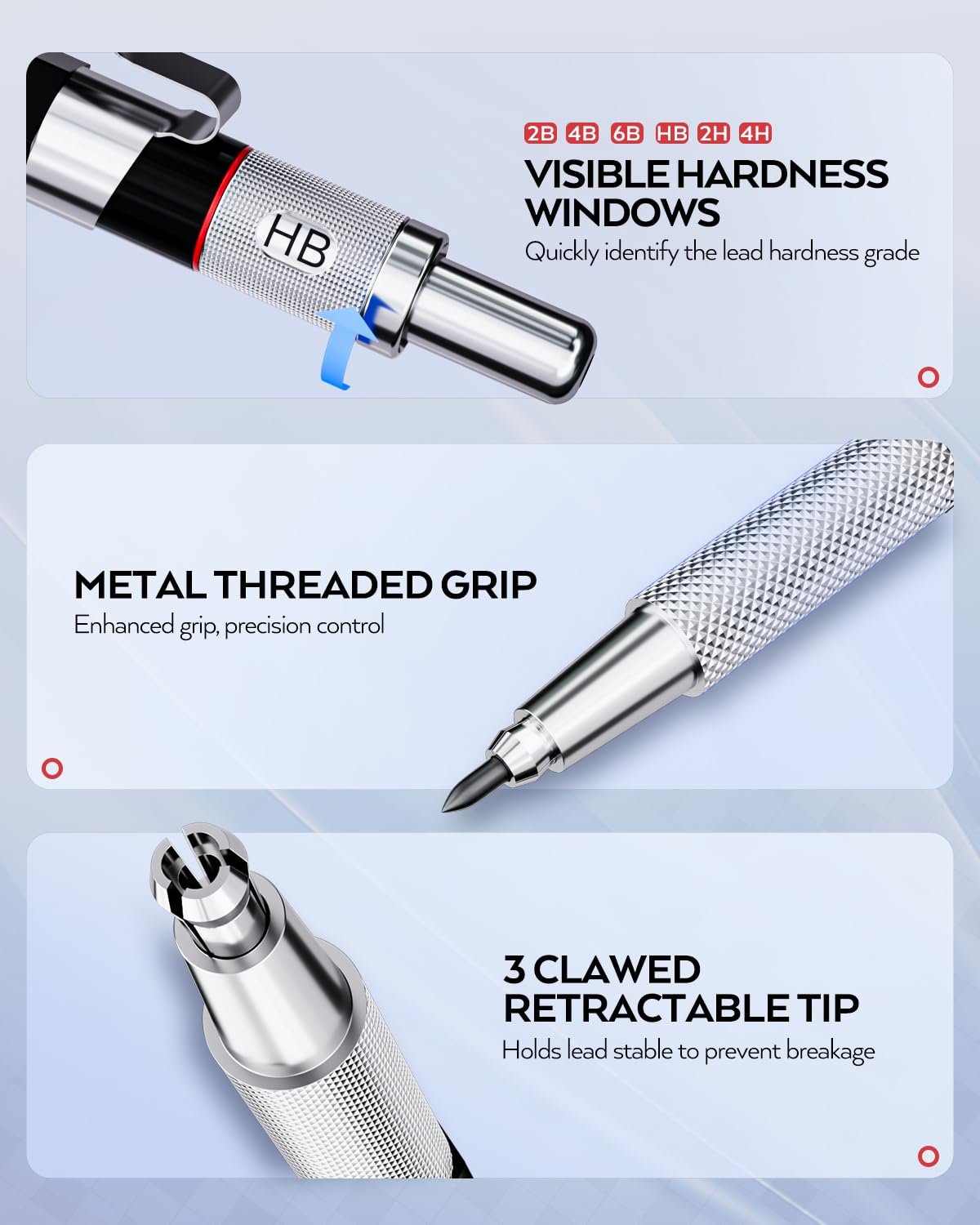 Close-up views of a mechanical pencil highlighting its features: visible hardness window, metal threaded grip, and 3-claw retractable tip.