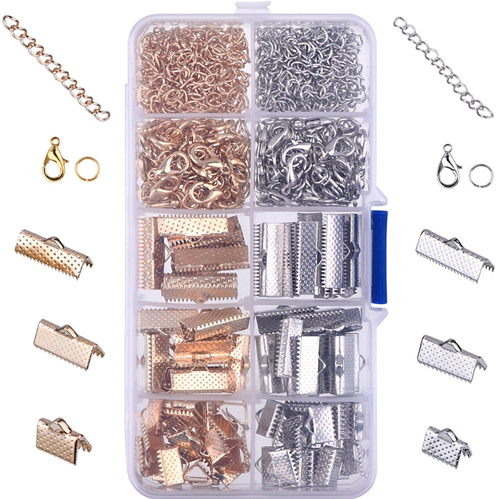 Jewelry making kit with gold and silver chains, clasps, jump rings, and crimp ends in a clear organizer box.