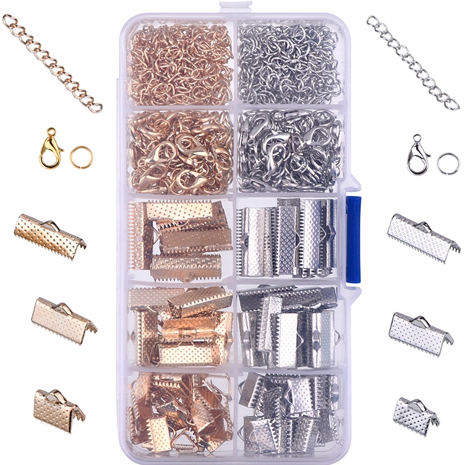 Jewelry making kit with gold and silver chains, clasps, jump rings, and crimp ends in a clear organizer box.