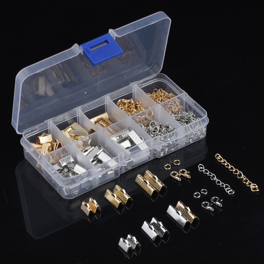Jewelry making kit with gold and silver crimp ends, clasps, jump rings, and chain extenders in a clear organizer box.
