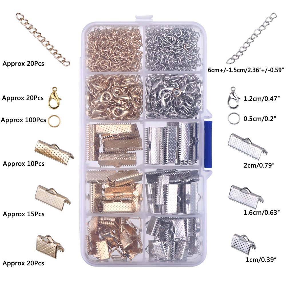 Jewelry making kit with gold and silver findings including chains, clasps, jump rings, and crimp ends, organized in a plastic case.