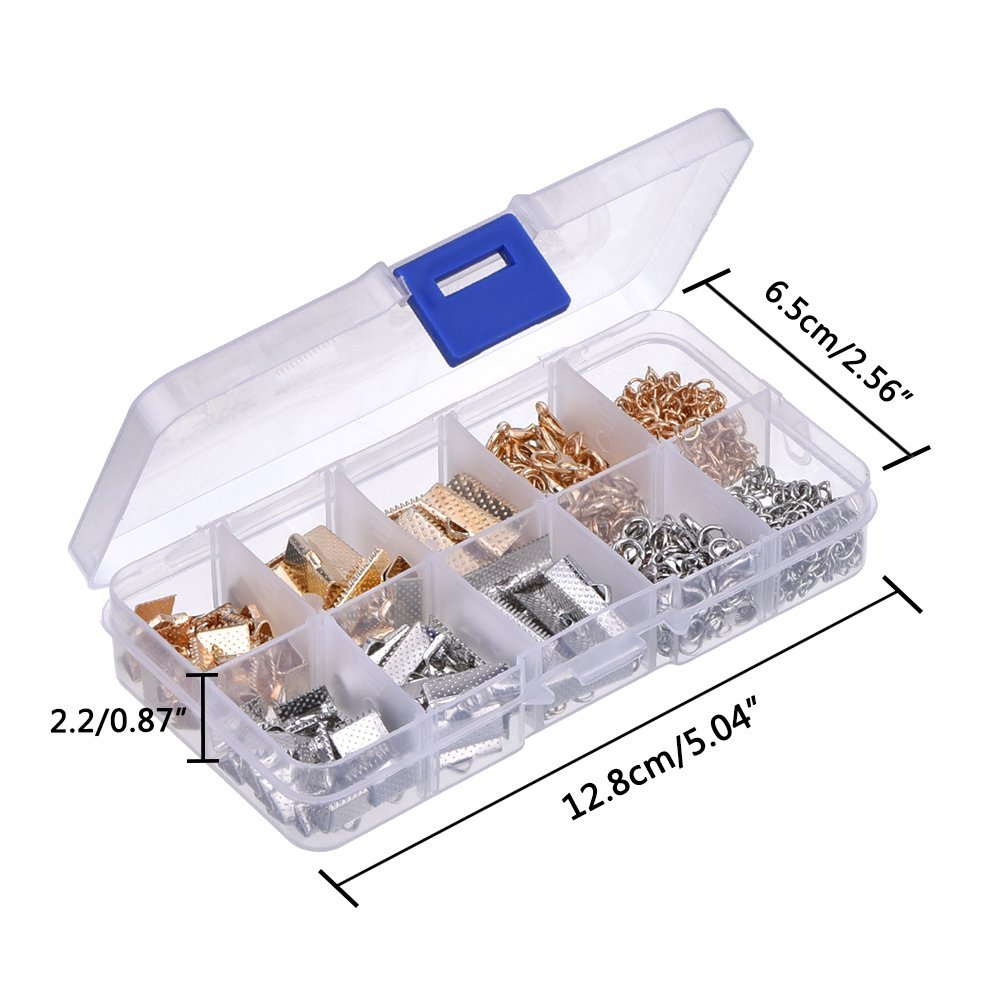 Jewelry making kit with pinch crimp ends, jump rings, and chain extenders in a divided plastic case.