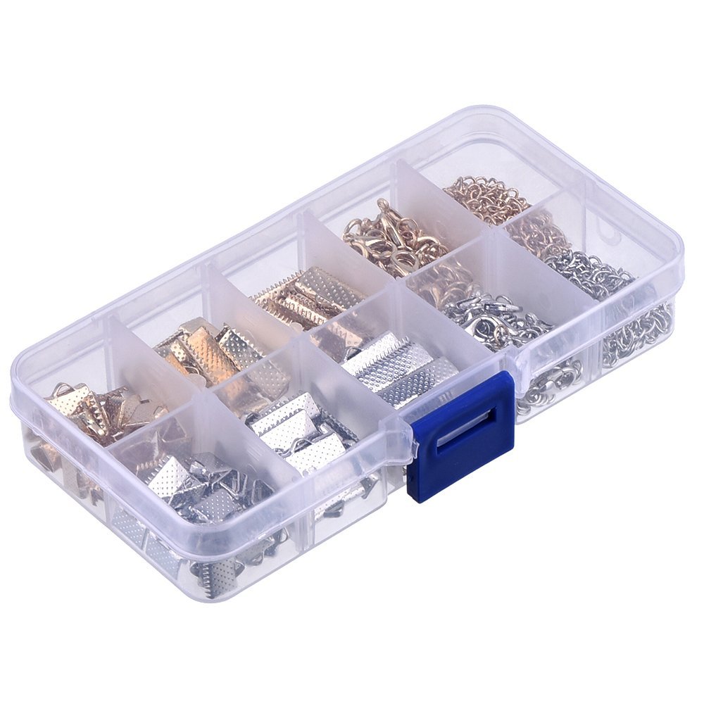 Clear plastic organizer box filled with gold and silver jewelry making findings like crimp ends, clasps, and chains.
