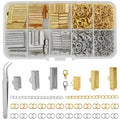 Jewelry making kit with assorted gold and silver clasps, jump rings, chain, and crimps, plus tweezers.