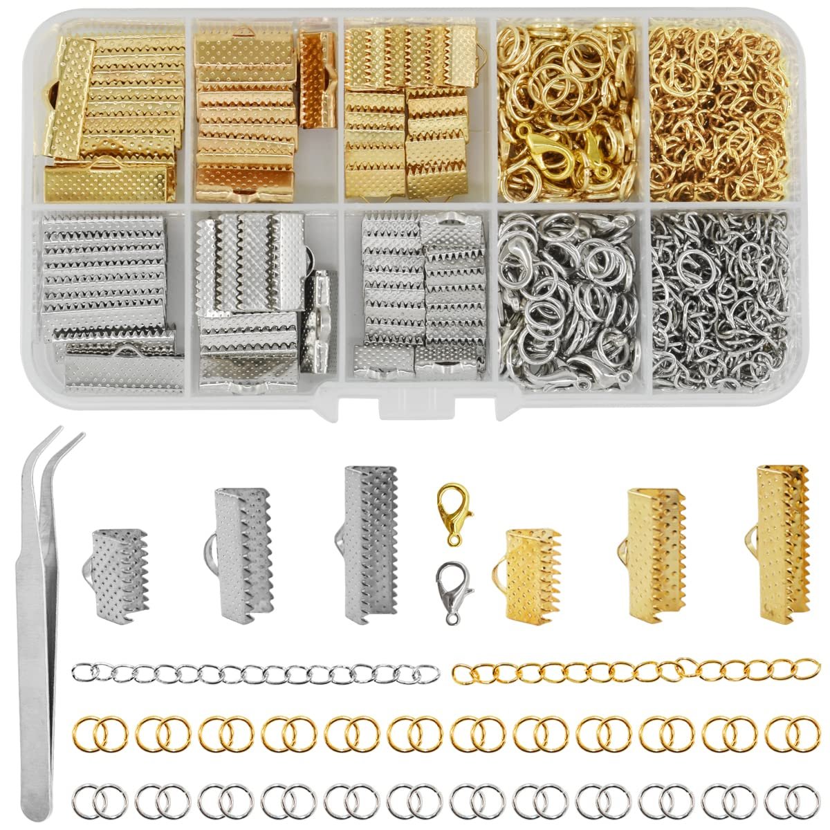 Jewelry making kit with assorted gold and silver clasps, jump rings, chain, and crimps, plus tweezers.