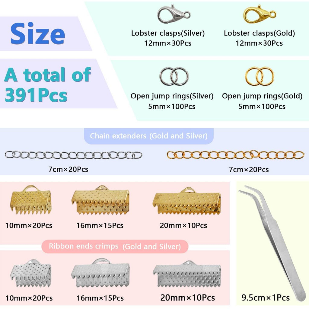 Jewelry making kit components including clasps, jump rings, chain extenders, ribbon crimps, and tweezers, with size and quantity details.
