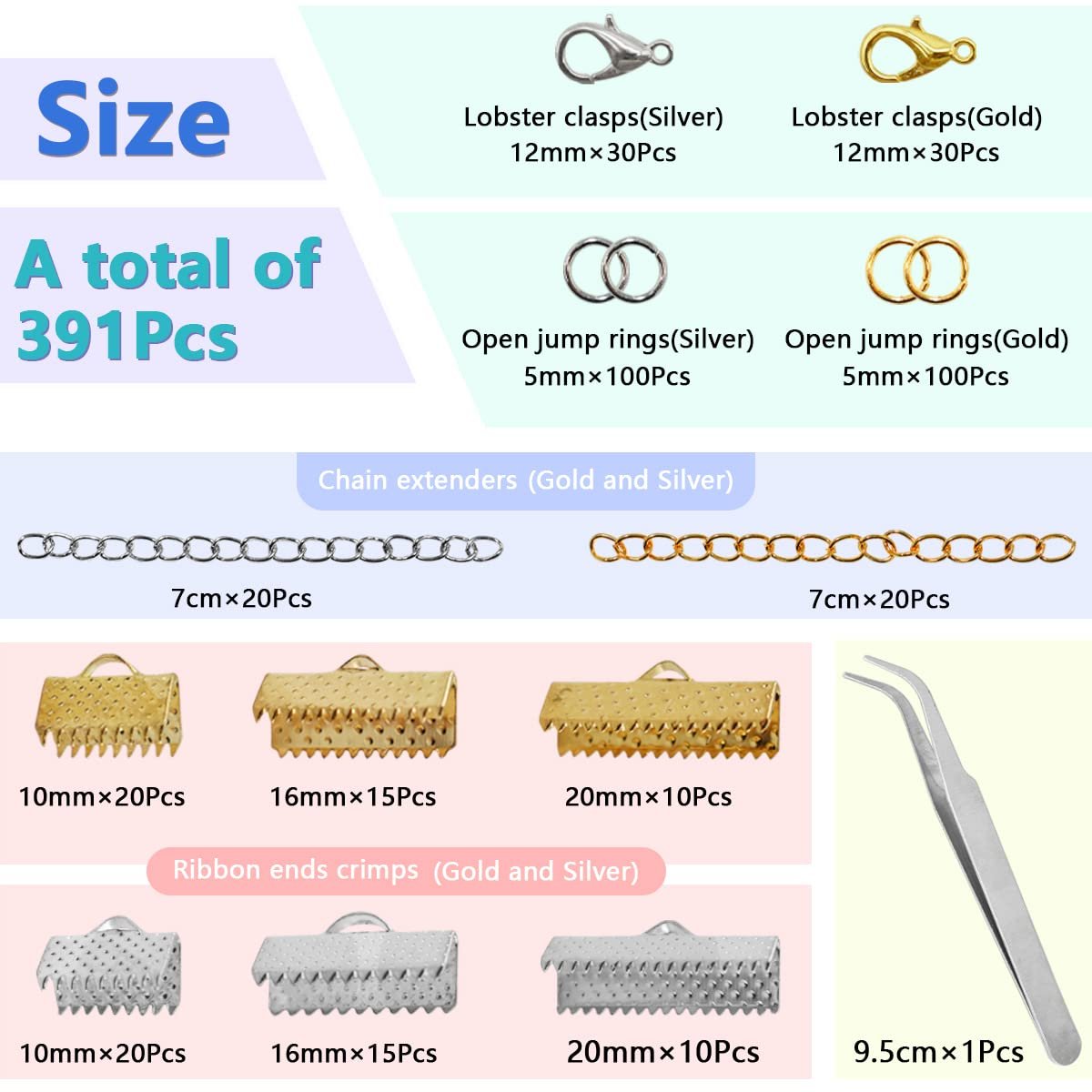 Jewelry making kit components including clasps, jump rings, chain extenders, ribbon crimps, and tweezers, with size and quantity details.