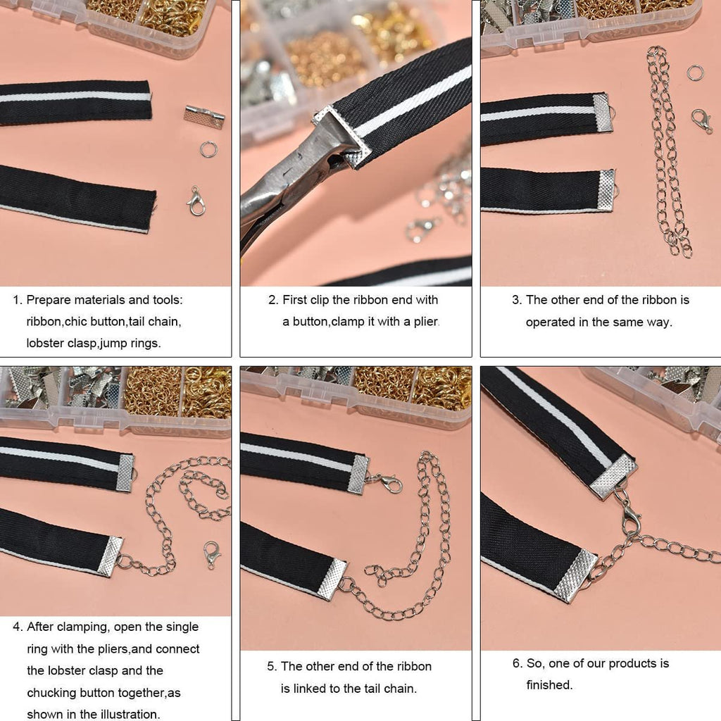 Collage of six images showing steps to make a ribbon bracelet using jewelry findings and tools.