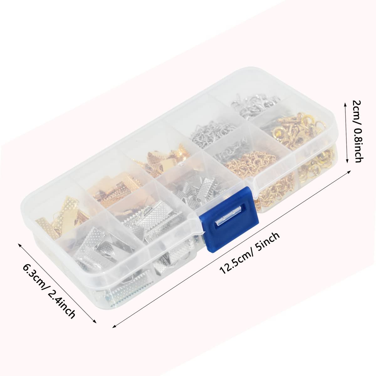 Clear plastic organizer box filled with gold and silver jewelry making findings like clasps and chains, with dimensions overlaid.
