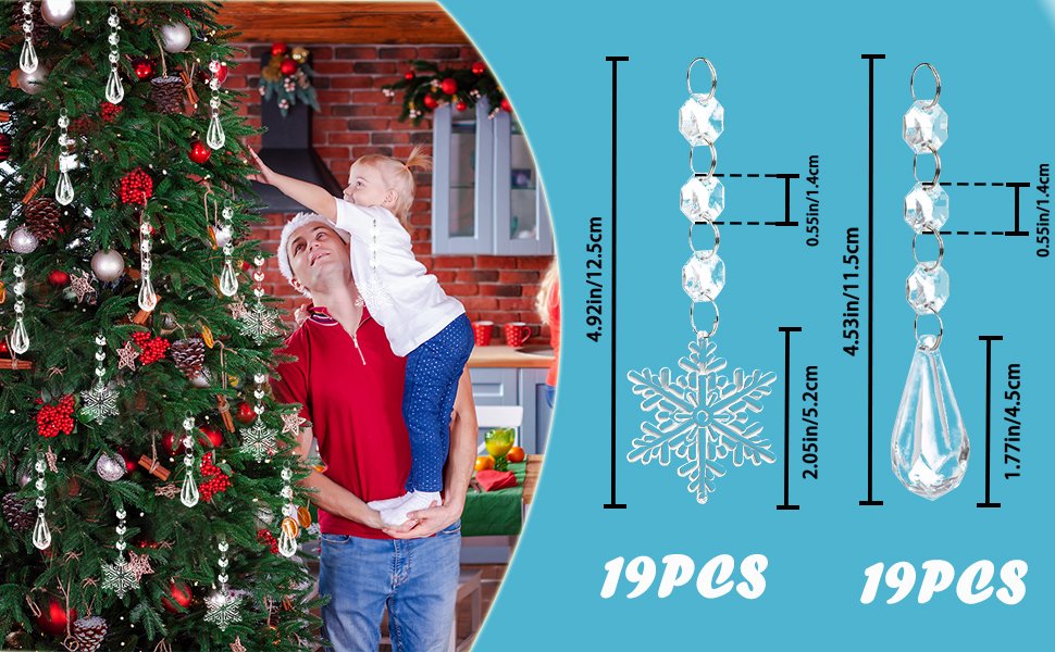 Father and child decorating a Christmas tree with clear snowflake and teardrop ornaments