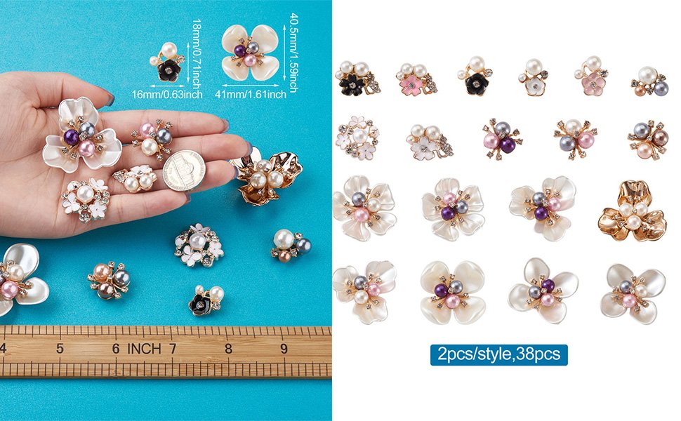 Flatback cabochons with pearls and rhinestones in flower shapes, shown with a hand, ruler, and coin for scale.