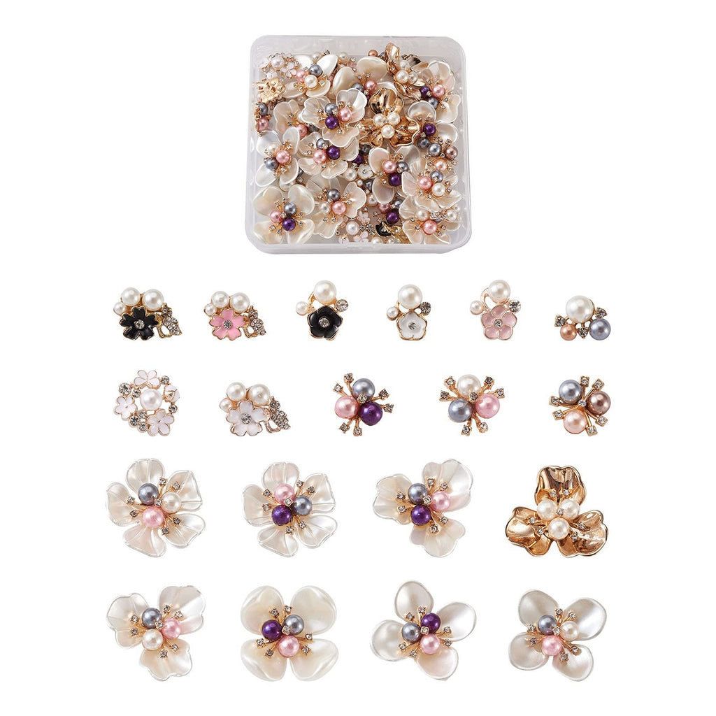 Assortment of flatback flower embellishments with pearls and rhinestones, displayed in a clear container and individually.