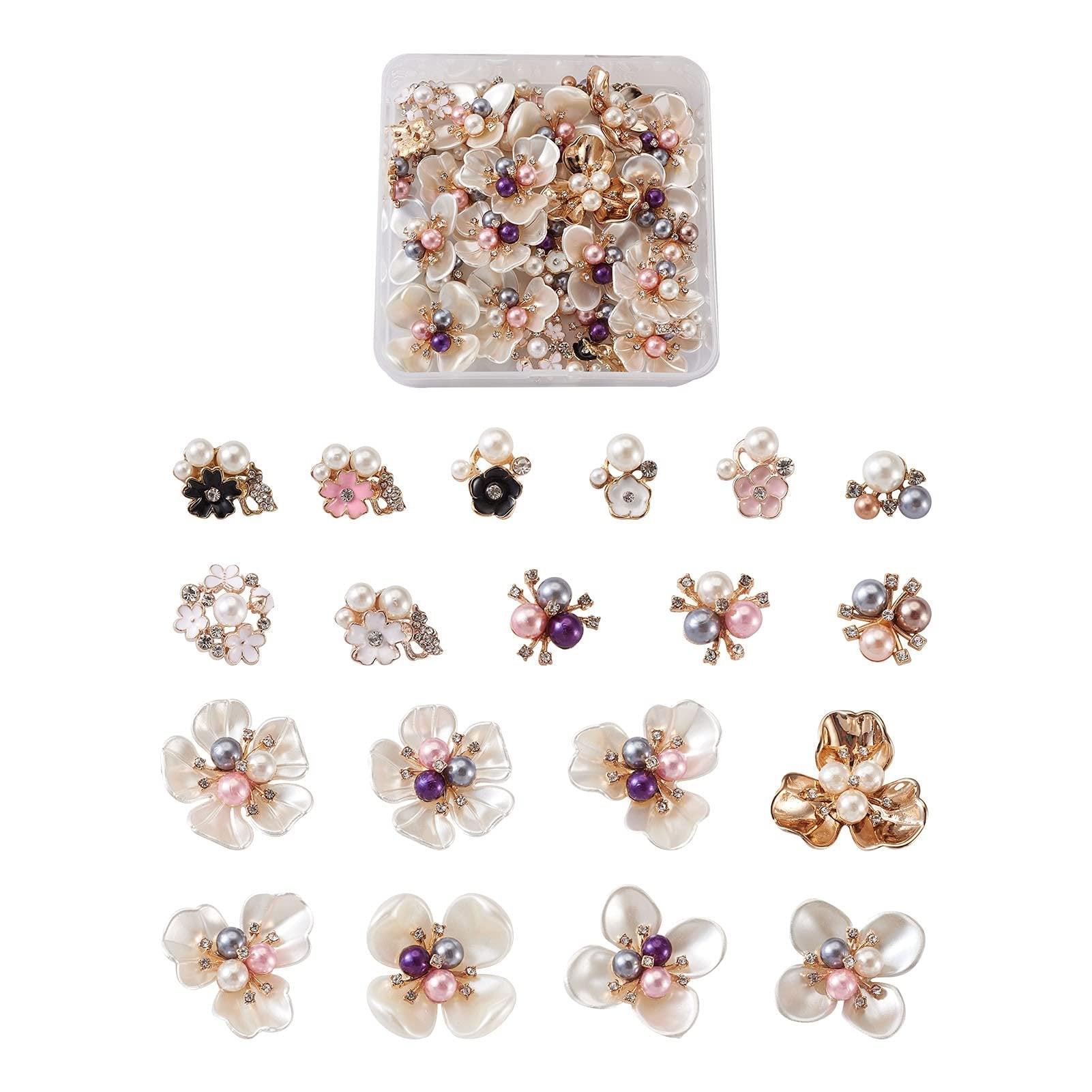 Assortment of flatback flower embellishments with pearls and rhinestones, displayed in a clear container and individually.