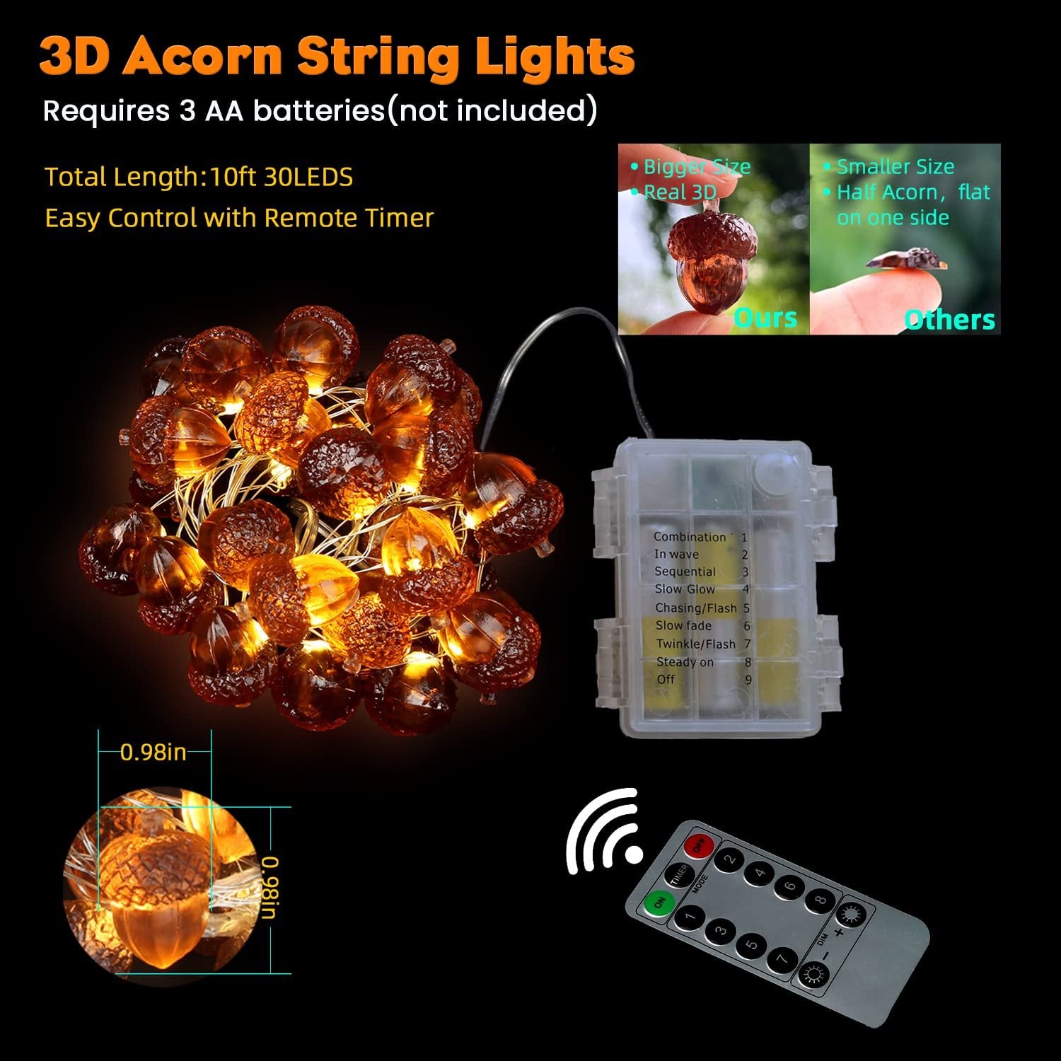 3D acorn string lights with battery pack and remote control, showing dimensions and comparison to other products.