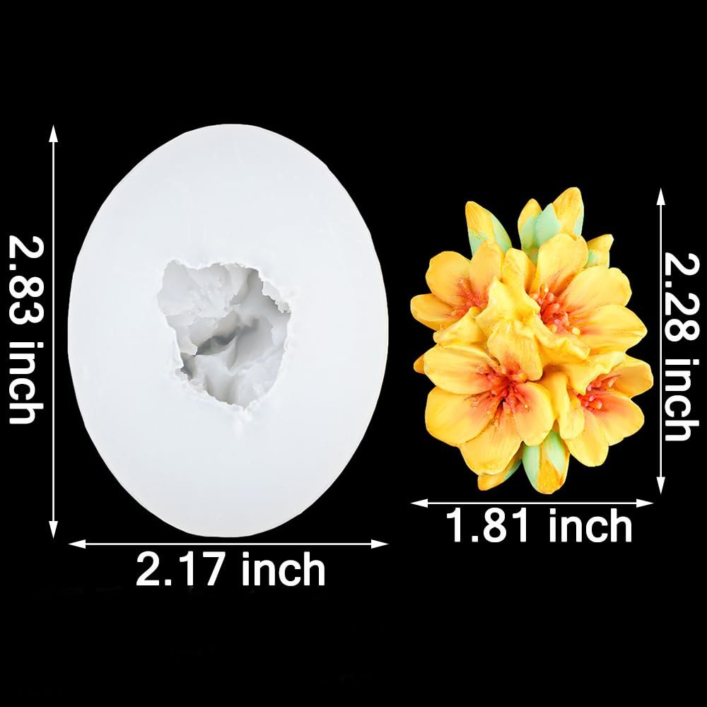 White silicone cherry blossom flower mold next to a yellow and orange flower cluster, with dimensions indicated.