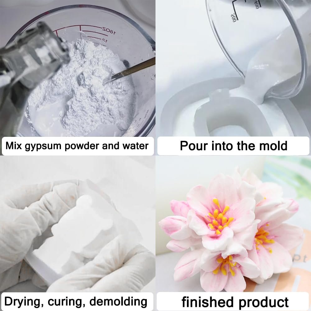 Collage showing steps for making cherry blossom crafts: mixing gypsum, pouring into mold, demolding, and finished flowers.