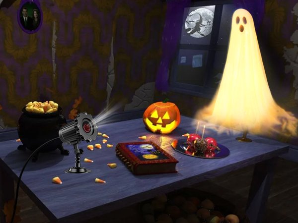 Halloween scene with a ghost projector light casting a ghost shape, candy corn, a cauldron, and candy apples on a table.