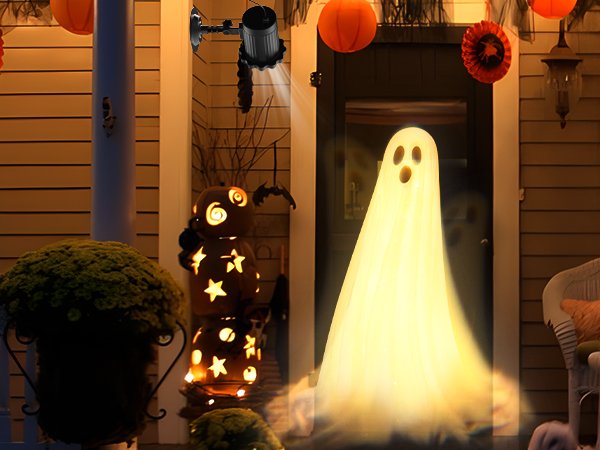 Outdoor Halloween decoration featuring a glowing ghost projection and a carved pumpkin figure on a porch at night.