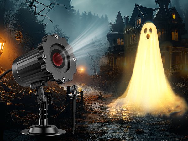 Halloween ghost projector light projecting a glowing ghost onto a spooky house background