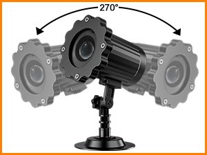 Black outdoor Halloween projector light with adjustable head showing 270-degree rotation range