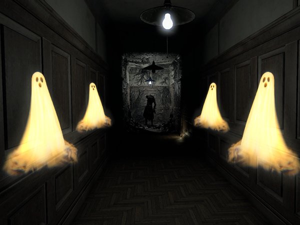 Hallway with four glowing ghost decorations projected on the walls, a dark figure stands in the distance.