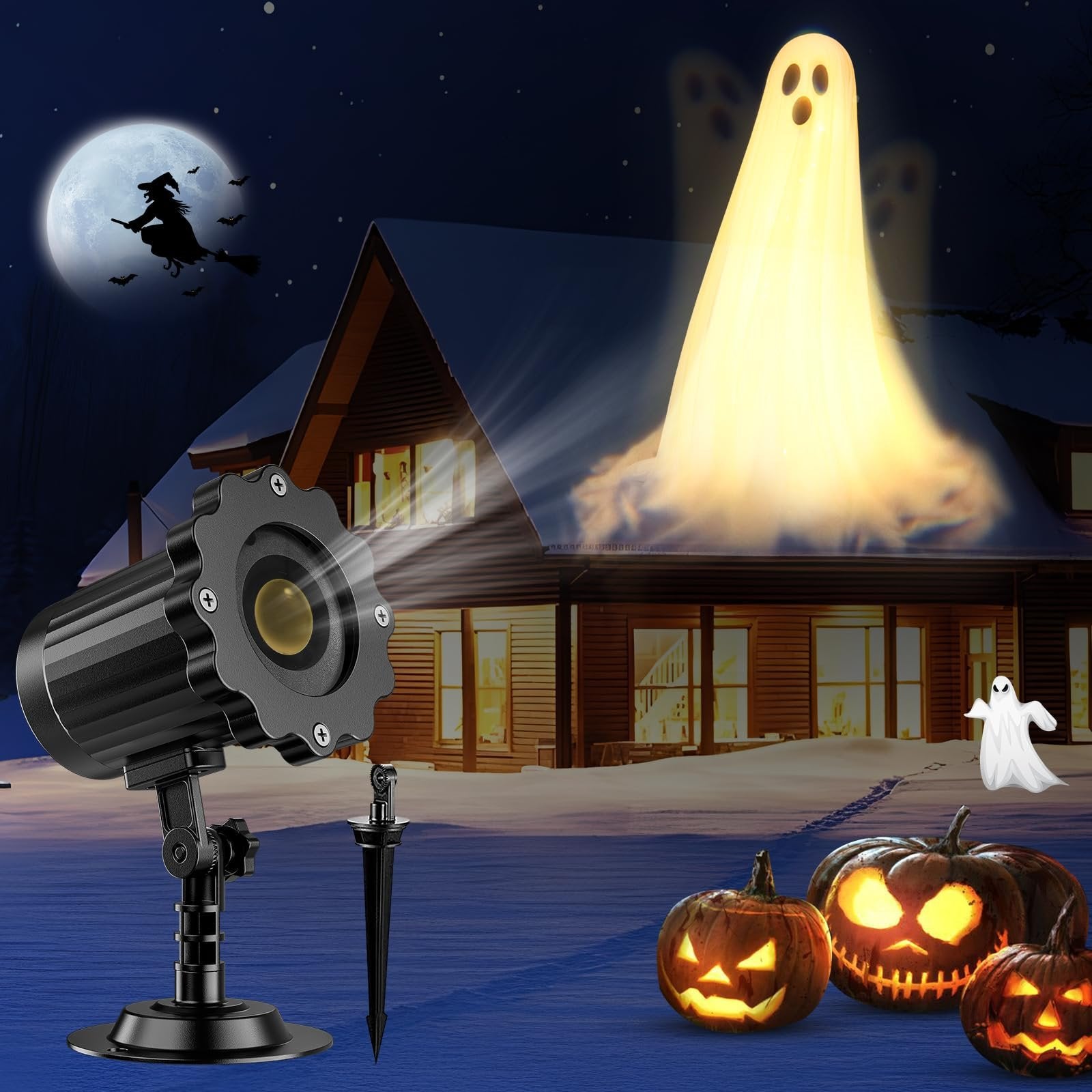 Halloween projector light casting ghost images onto a house with pumpkins and a witch flying by the moon