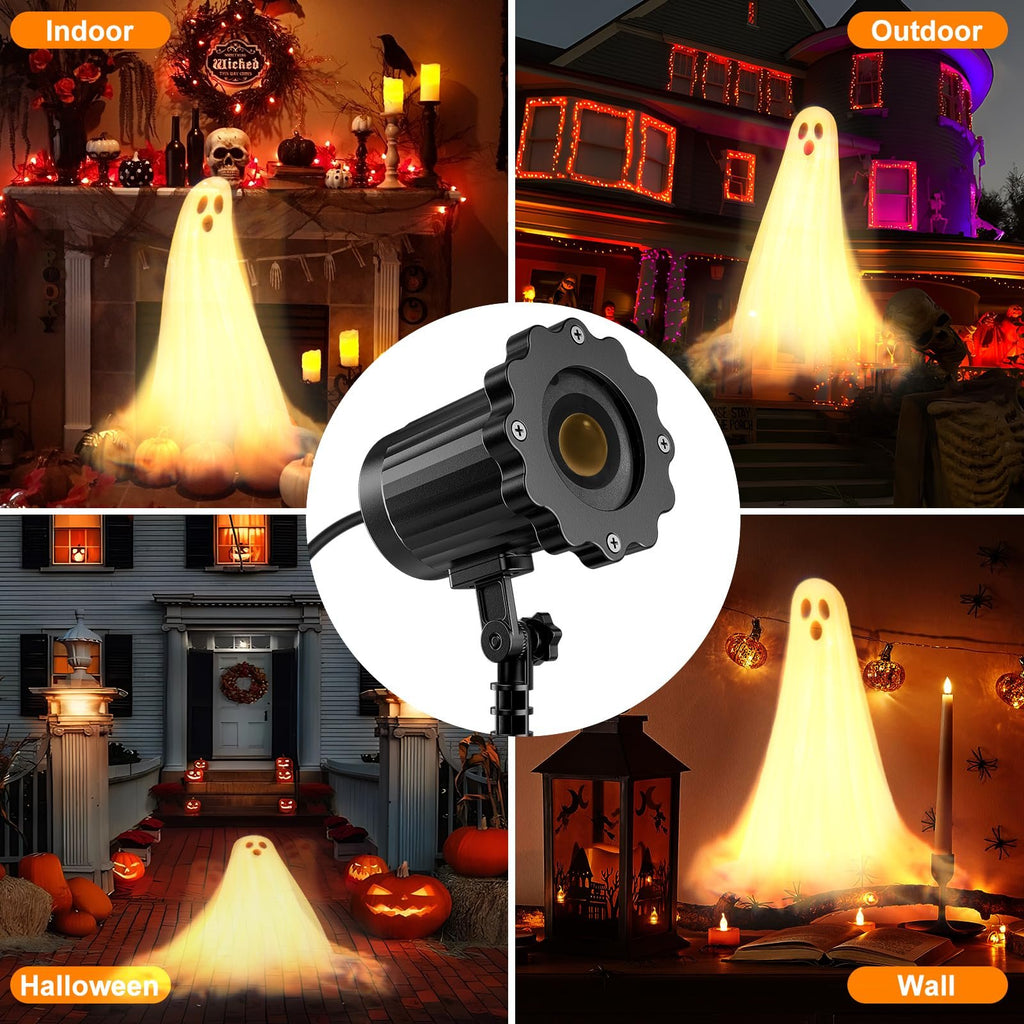 Collage of Halloween ghost projector light in various settings: indoor fireplace, outdoor house, front porch, and wall projection.