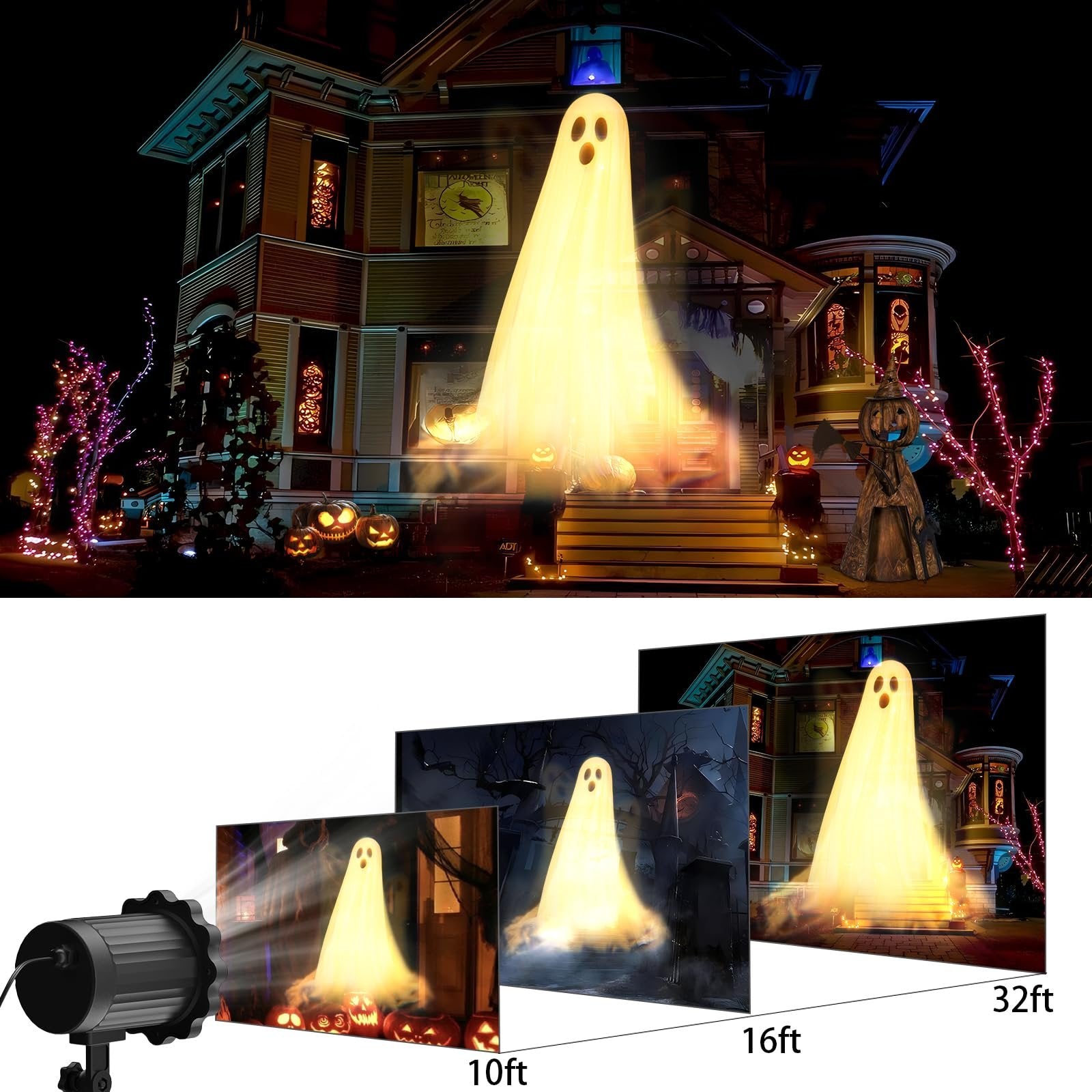 Halloween ghost projector light displaying on a haunted house with pumpkins and spooky trees